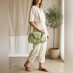 🔴Axcess Sage Green Faux Leather Satchel Handbag Shoulder Bag Floral Lining Boho